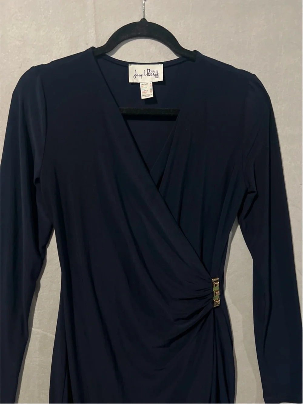 Joseph Ribkoff Dress Women’s 8 Navy Blue Ruched Faux-wrap Sheath 153009 - Picture 4 of 12